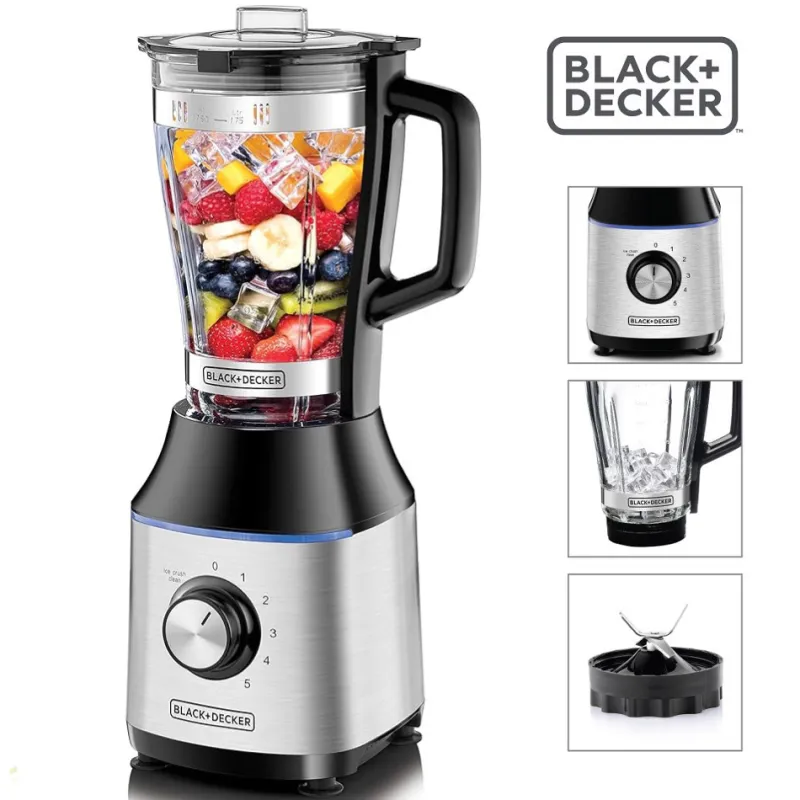 خلاط كهربائي بلاك + ديكر بوعاء زجاج، 700 وات، 1.75 لتر، اسود وفضي - BX650G -ضمان دولي