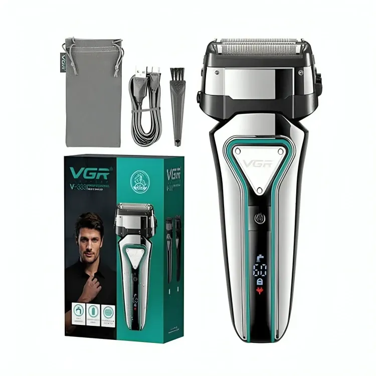 ماكينة تنعيم اللحية في جي ار Professional قابلة للشحن للاستعمال الرطب والجاف، فضي واسود - V-333