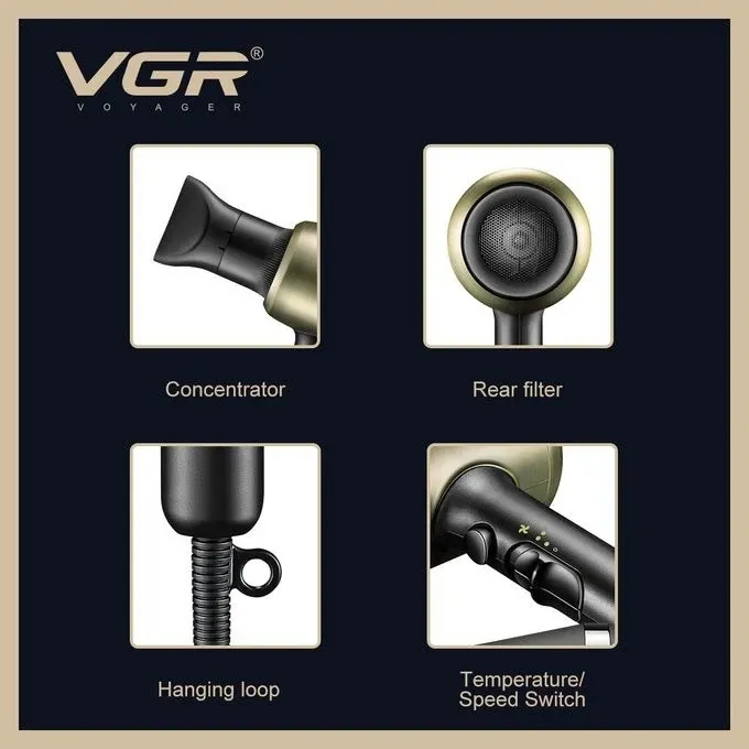 مجفف شعر Vgr V-453، ١٨٠٠ واط، سرعتان - أسود