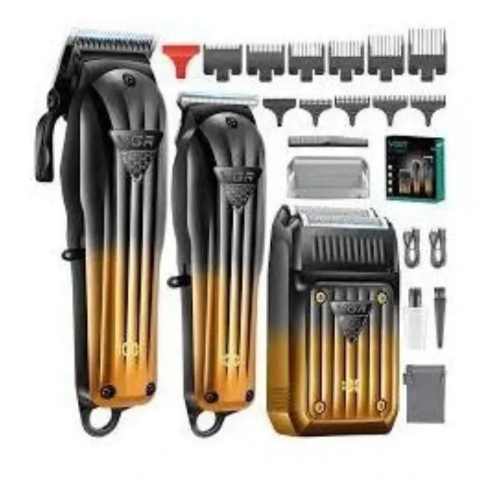 مجموعة أدوات حلاقة الشعر 3 فى 1 في جي ار Professional Combo Kit قابلة للشحن للاستعمال الرطب والجاف، ذهبي واسود - V-644