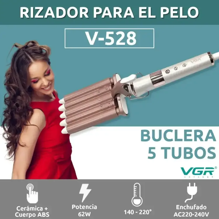 مكواة تجعيد الشعر السيراميكية Vgr V-528  خمس موجات، درجة حرارة 230 درجة، أبيض ووردي