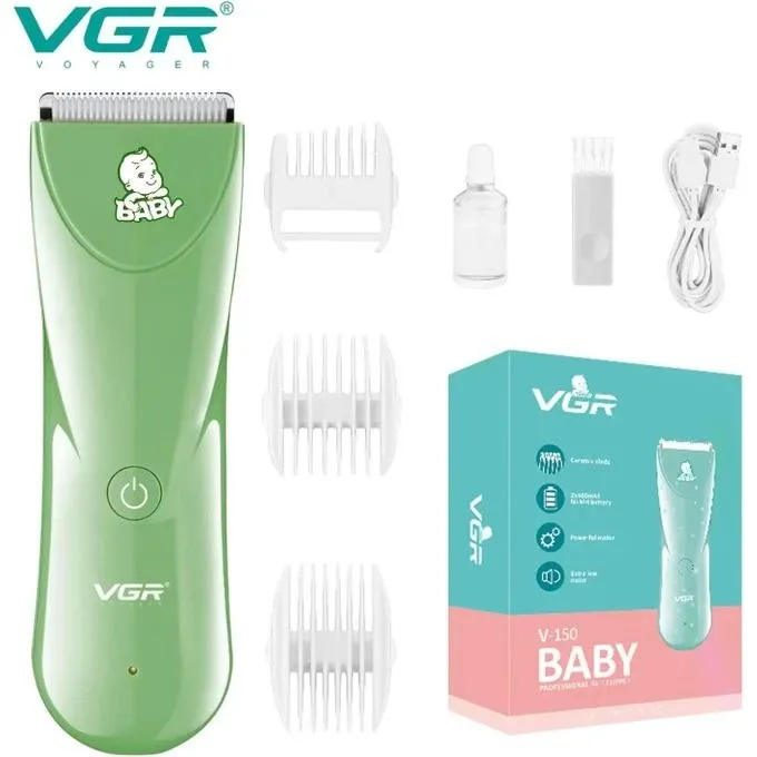 مقص شعر الأطفال VGR V-150 الاحترافي بشفرات سيراميك - قابل للغسل وصوت منخفض للغاية - زمن التشغيل: 60 دقيقة (أخضر)