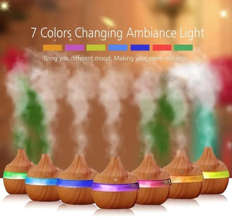 مرطب هواء من الخشب الحبيبي سعة 300 مل - صانع رذاذ باضاءة LED ليلية متغيرة اللون بمنفذ USB للمكتب والسيارة والمنزل