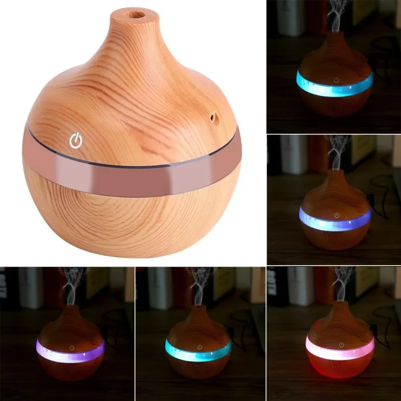 مرطب هواء من الخشب الحبيبي سعة 300 مل - صانع رذاذ باضاءة LED ليلية متغيرة اللون بمنفذ USB للمكتب والسيارة والمنزل