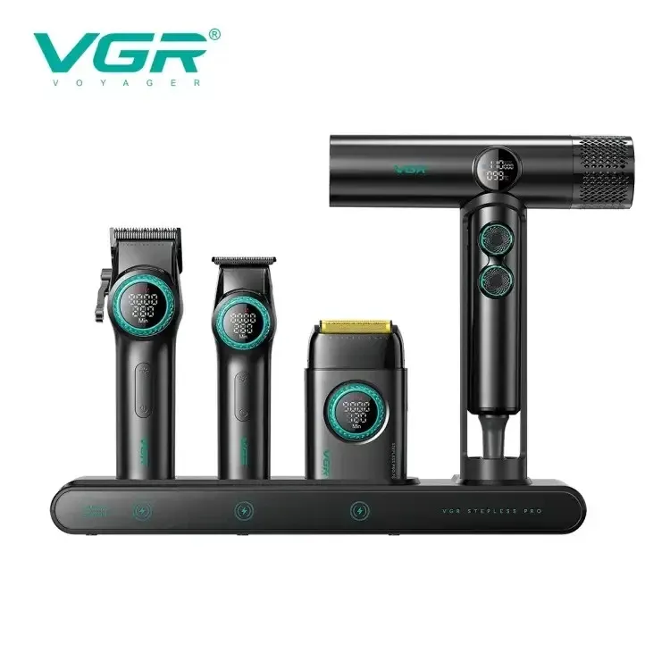 مجموعة أدوات الحلاقة VGR Mr. SUPER POWER Stepless Pro 4 في 1 للصالون، لون أسود