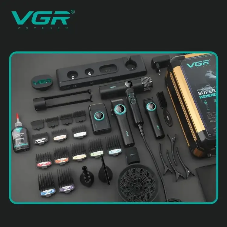 مجموعة أدوات الحلاقة VGR Mr. SUPER POWER Stepless Pro 4 في 1 للصالون، لون أسود