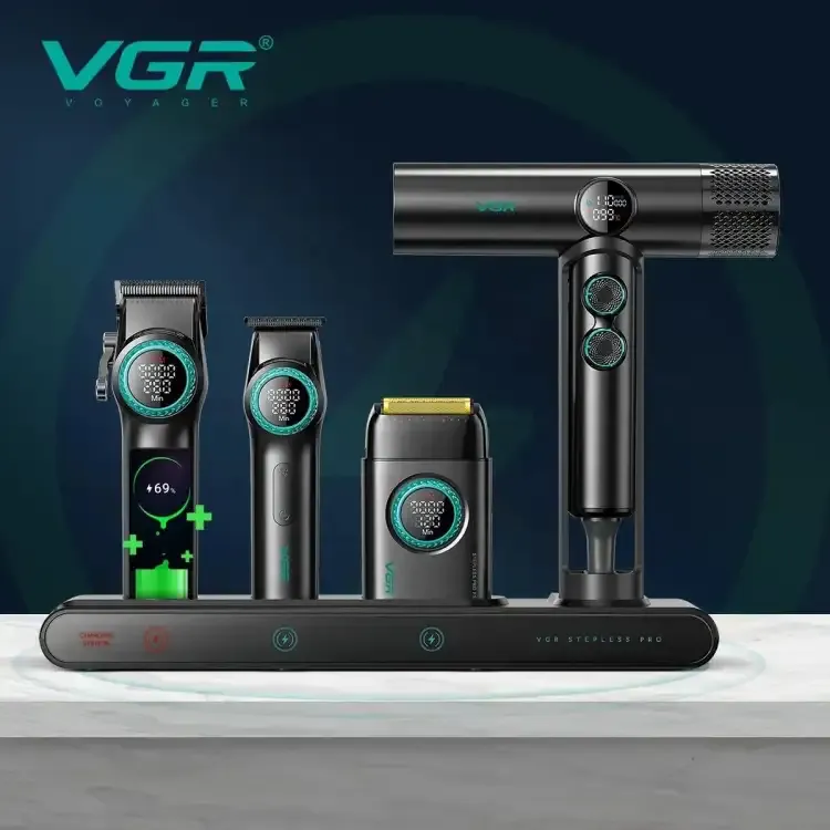مجموعة أدوات الحلاقة VGR Mr. SUPER POWER Stepless Pro 4 في 1 للصالون، لون أسود