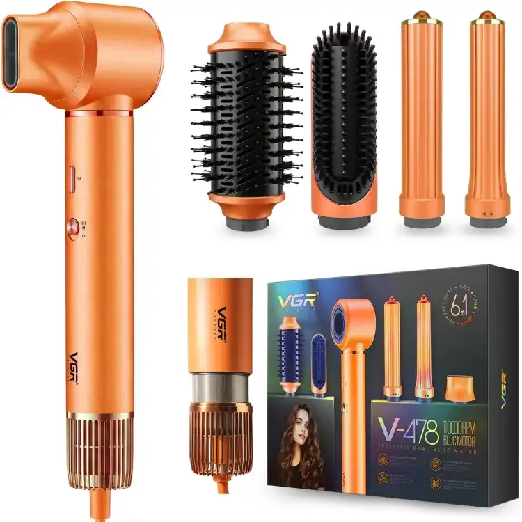 فرشاه  تصفيف الشعر VGR V-478  بقوة 1300 واط، مجفف شعر وفرشاة دائرية، 3 سرعات و4 مستويات حرارة، مكواة تجعيد مع جزء خلفي قابل للإزالة، برتقالي (6 في 1 )