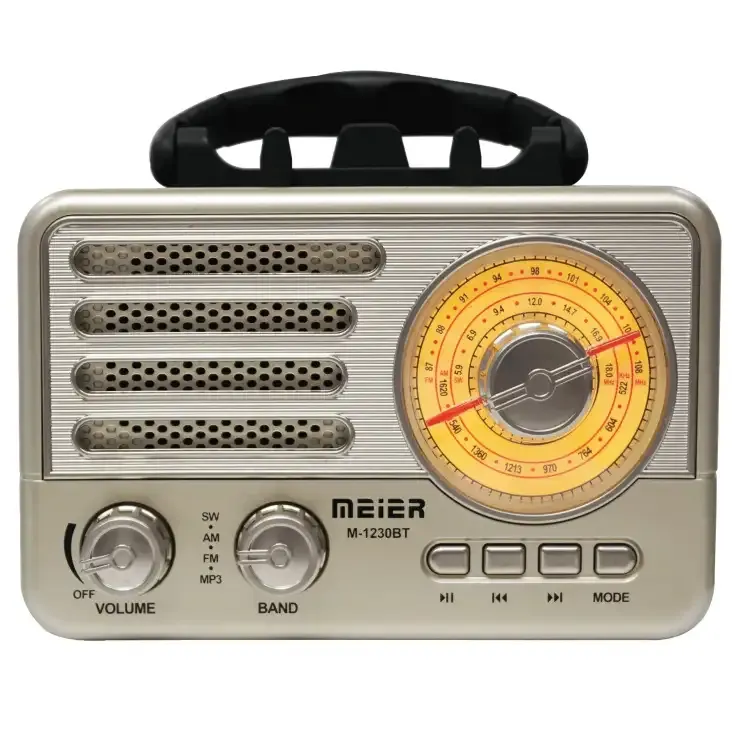 راديو ماير M-1230BT المحمول بتصميم كلاسيكي، يدعم موجات FM وMW وSW، مزود بتقنية بلوتوث، ويشغل ملفات MP3، ويعمل بالكهرباء والبطارية.