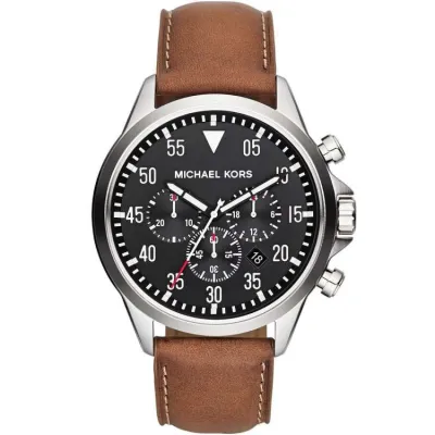 ساعة مايكل كورس رجالى جلد  لون بني وميناء اسود
