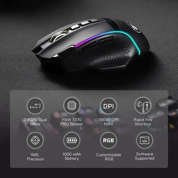 ماوس العاب لاسلكي ريدراجون، RGB، حساسية 19 الف لكل بوصة، اسود - M991