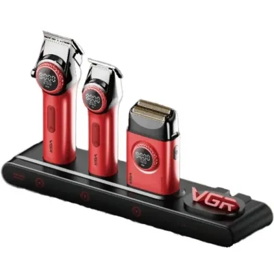 مجموعة قص الشعر الاحترافية 3  في 1  VGR V-STEPLESS Pro - لون احمر