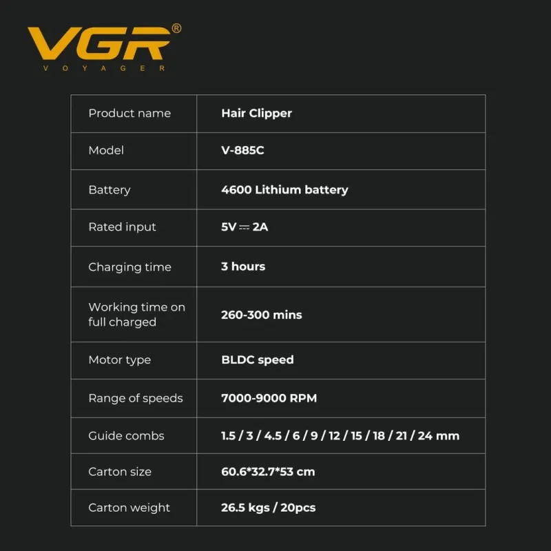 ماكينه حلاقة الشعر الاحترافيه VGR قابلة للشحن المهنية 9000 دورة في الدقيقة V-885 C