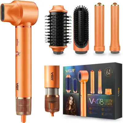 فرشاه  تصفيف الشعر VGR V-478  بقوة 1300 واط، مجفف شعر وفرشاة دائرية، 3 سرعات و4 مستويات حرارة، مكواة تجعيد مع جزء خلفي قابل للإزالة، برتقالي (6 في 1 )