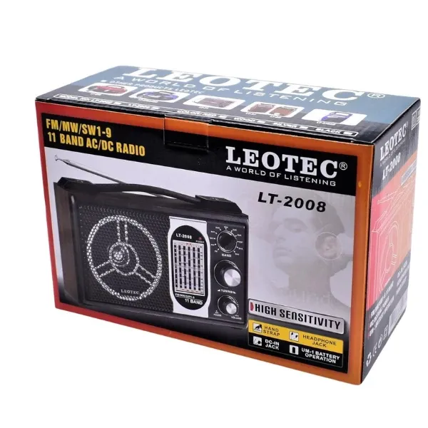 جهاز راديو Leotec LT-2008 محمول ذو 11 نطاقًا FM/MW/SW1-9 AC/DC عالي الحساسية عالمي النطاق