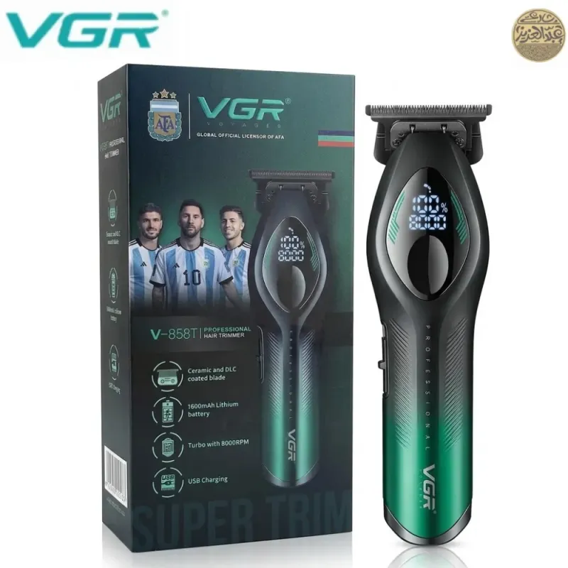 ماكينة حلاقة الشعر الاحترافية VGR V-858T للرجال، شفرة مطلية بالسيراميك وDLC، محرك 8000 دورة في الدقيقة، وظيفة توربو، شاشة LED، بطارية 1600 مللي أمبير
