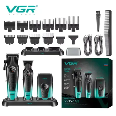 طقم ماكينة حلاقة الشعر الكهربائية VGR V-196 S3 ، لقص الشعر وحلاقته وتشذيب شعر الجسم، يتضمن قاعدة شحن وأمشاطًا وأمشاطًا واقية، هدية رائعة للرجال