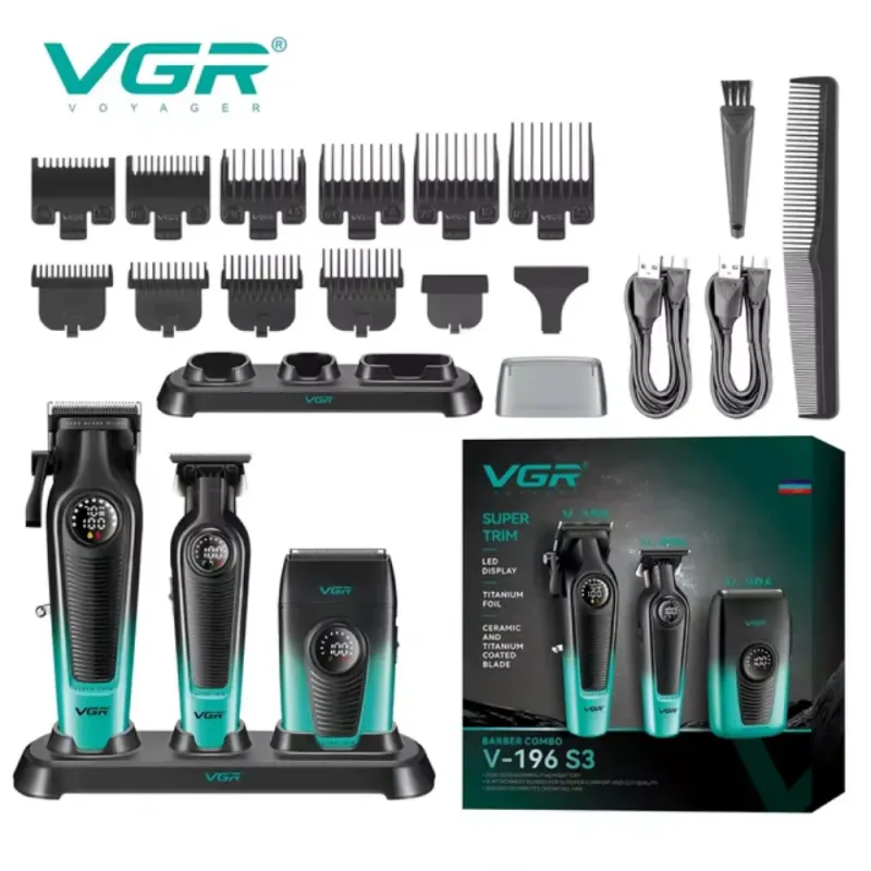 طقم ماكينة حلاقة الشعر الكهربائية VGR V-196 S3 ، لقص الشعر وحلاقته وتشذيب شعر الجسم، يتضمن قاعدة شحن وأمشاطًا وأمشاطًا واقية، هدية رائعة للرجال