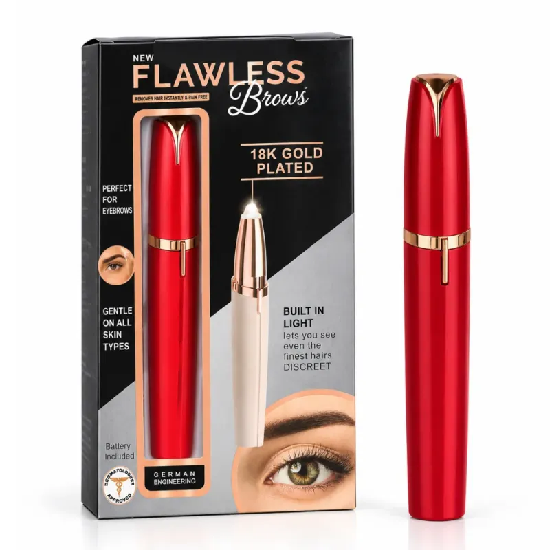 ماكينة إزالة شعر الحواجب والوجه FLAWLESS Brows باللون الأحمر مع إضاءة مدمجة