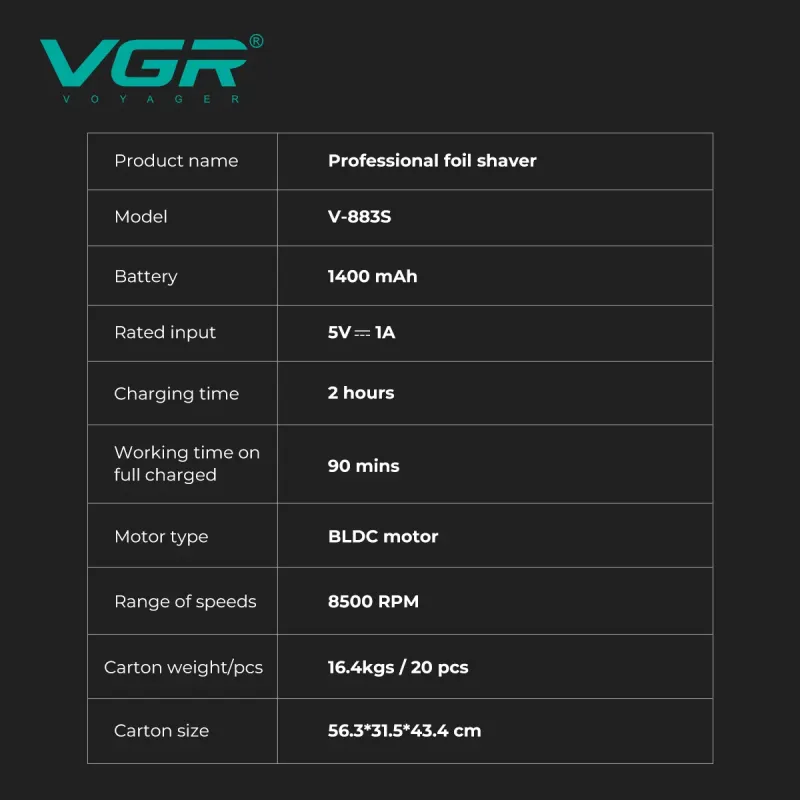 ماكينة حلاقة الشعر والتنعيم الاحترافية VGR V-883S (بمحرك BLDC 8500 دورة في الدقيقة غطاء إضافي)