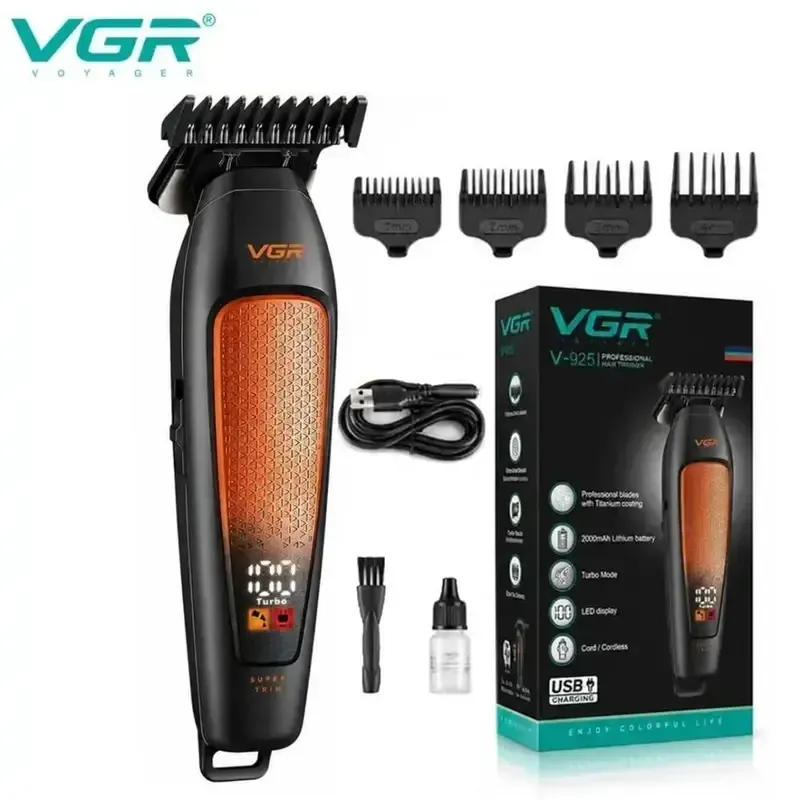 ماكينة حلاقة الشعر القابلة لإعادة الشحن VGR V-925 للرجال، مزودة بشفرات مطلية بالسيراميك والتيتانيوم، وبطارية ليثيوم سعة 2000 مللي أمبير، مع خاصية "توربو" (Turbo)، وشاشة عرض LED