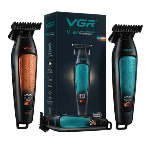 ماكينة حلاقة الشعر القابلة لإعادة الشحن VGR V-925 للرجال، مزودة بشفرات مطلية بالسيراميك والتيتانيوم، وبطارية ليثيوم سعة 2000 مللي أمبير، مع خاصية "توربو" (Turbo)، وشاشة عرض LED