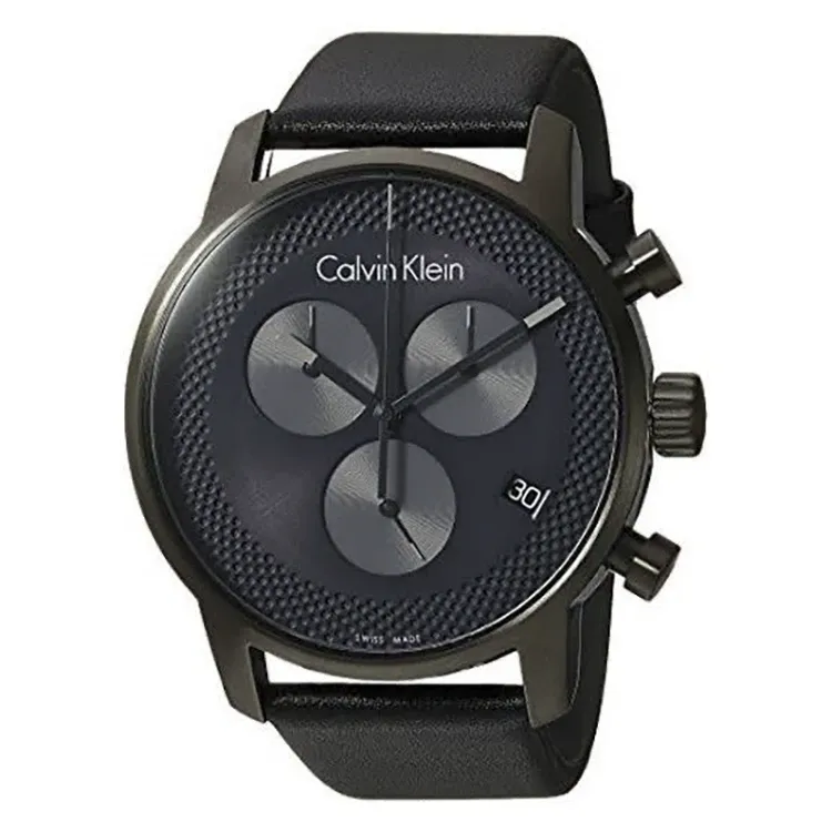 ساعة كالفن كلاين رجالى جلد لون اسود وميناء رمادي