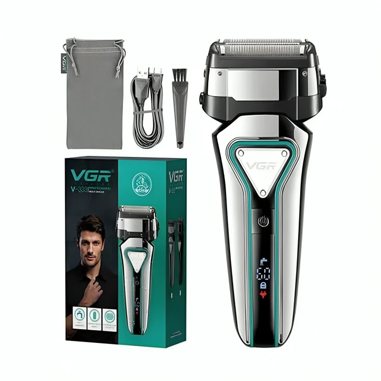 ماكينة تنعيم اللحية في جي ار Professional قابلة للشحن للاستعمال الرطب والجاف، فضي واسود - V-333