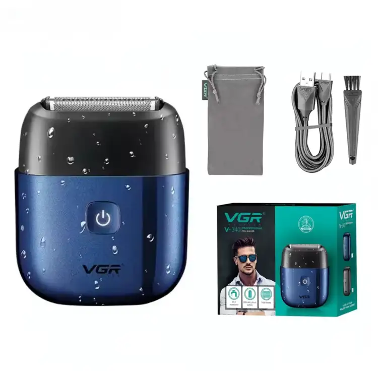 ماكينة تنعيم اللحية في جي ار Professional قابلة للشحن للاستعمال الرطب والجاف، ازرق - V-340