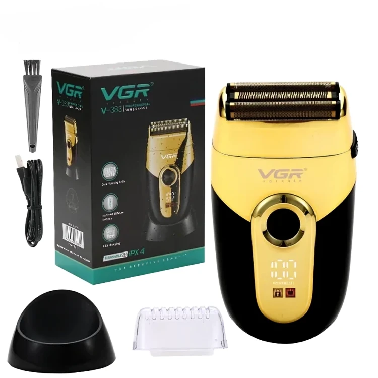 ماكينة تنعيم اللحية في جي ار Professional قابلة للشحن للاستعمال الرطب والجاف، اسود وذهبي - V-383