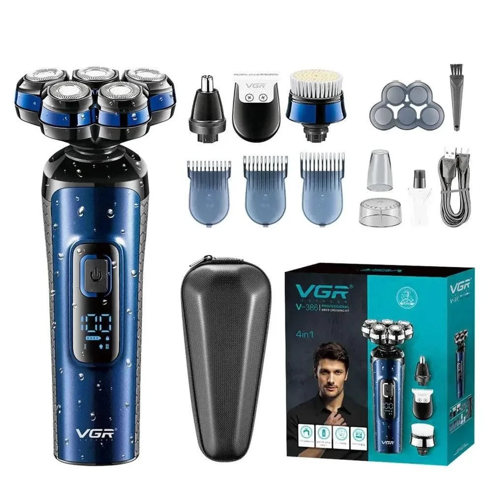 مجموعة أدوات الحلاقة 4 في 1 في جي ار Professional قابلة للشحن للاستعمال الرطب والجاف، ازرق - V-386