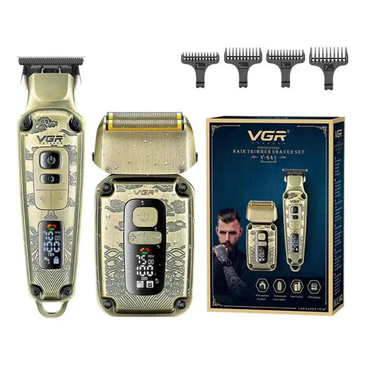 مجموعة أدوات حلاقة الشعر 2 فى 1 في جي ار Professional قابلة للشحن للاستعمال الرطب والجاف، ذهبي - V-641