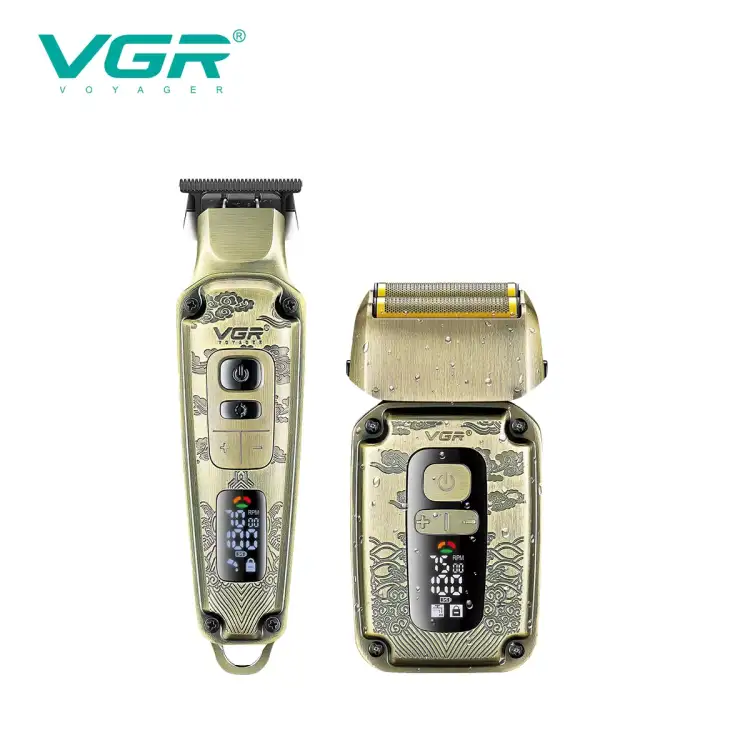 مجموعة أدوات حلاقة الشعر 2 فى 1 في جي ار Professional قابلة للشحن للاستعمال الرطب والجاف، ذهبي - V-641