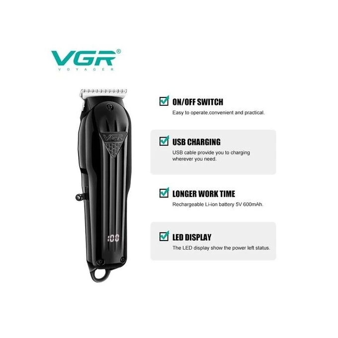 ماكينة قص الشعر الاحترافية الرقمية VGR V-982 القابلة لإعادة الشحن بمنفذ USB - أسود