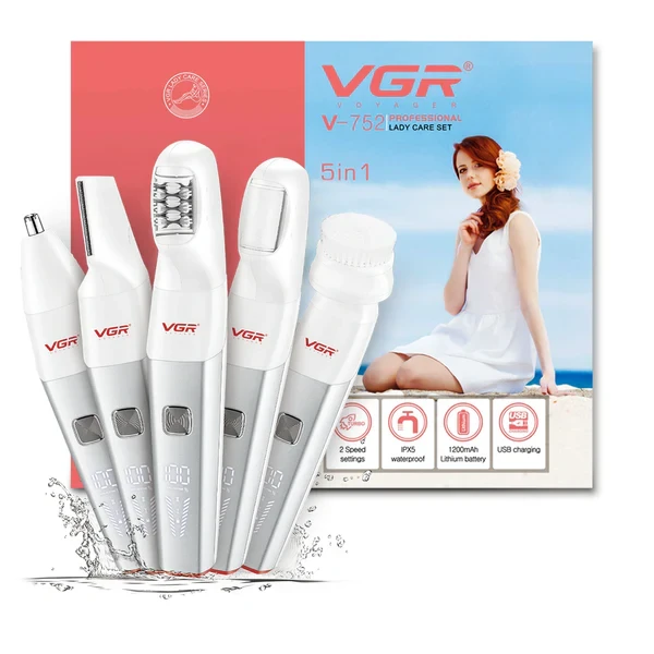 مجموعة ماكينة تشذيب شعر السيدات الاحترافية VGR V-752 5 في 1 مع ماكينة تشذيب للجسم مقاومة للماء