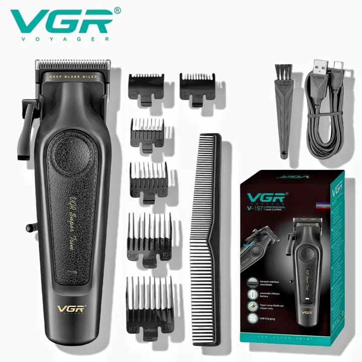 ماكينة قص الشعر Vgr V-197 بتصميم جديد معدنية لاسلكية قابلة لإعادة الشحن واحترافية للرجال