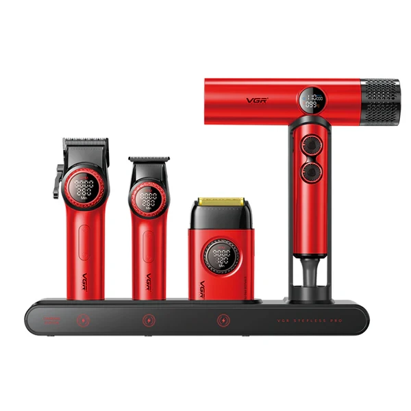 مجموعة أدوات الحلاقة VGR Mr. SUPER POWER Stepless Pro 4 في 1 للصالون، لون أحمر