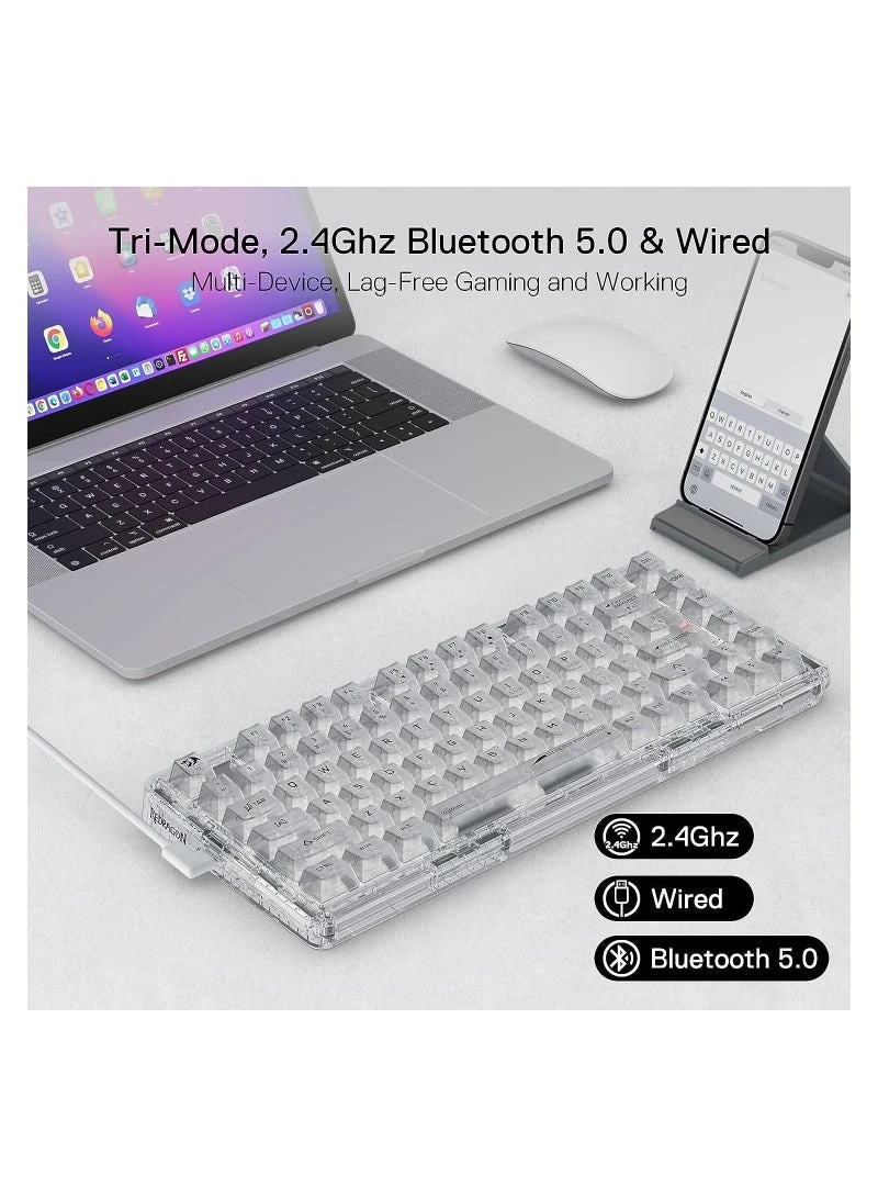 لوحة مفاتيح ألعاب لاسلكية ريدراجونK649 PRO 78% Gasket RGB، مفتاح شفاف مخصص