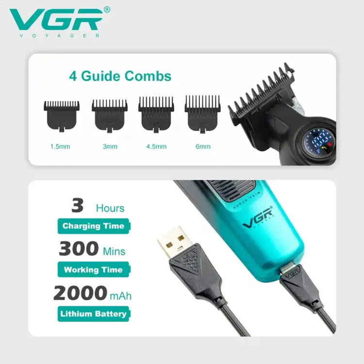 ماكينة قص الشعر VGR، ماكينة تشذيب شعر كهربائية لاسلكية قابلة لإعادة الشحن، ماكينة حلاقة احترافية للرجال V-996