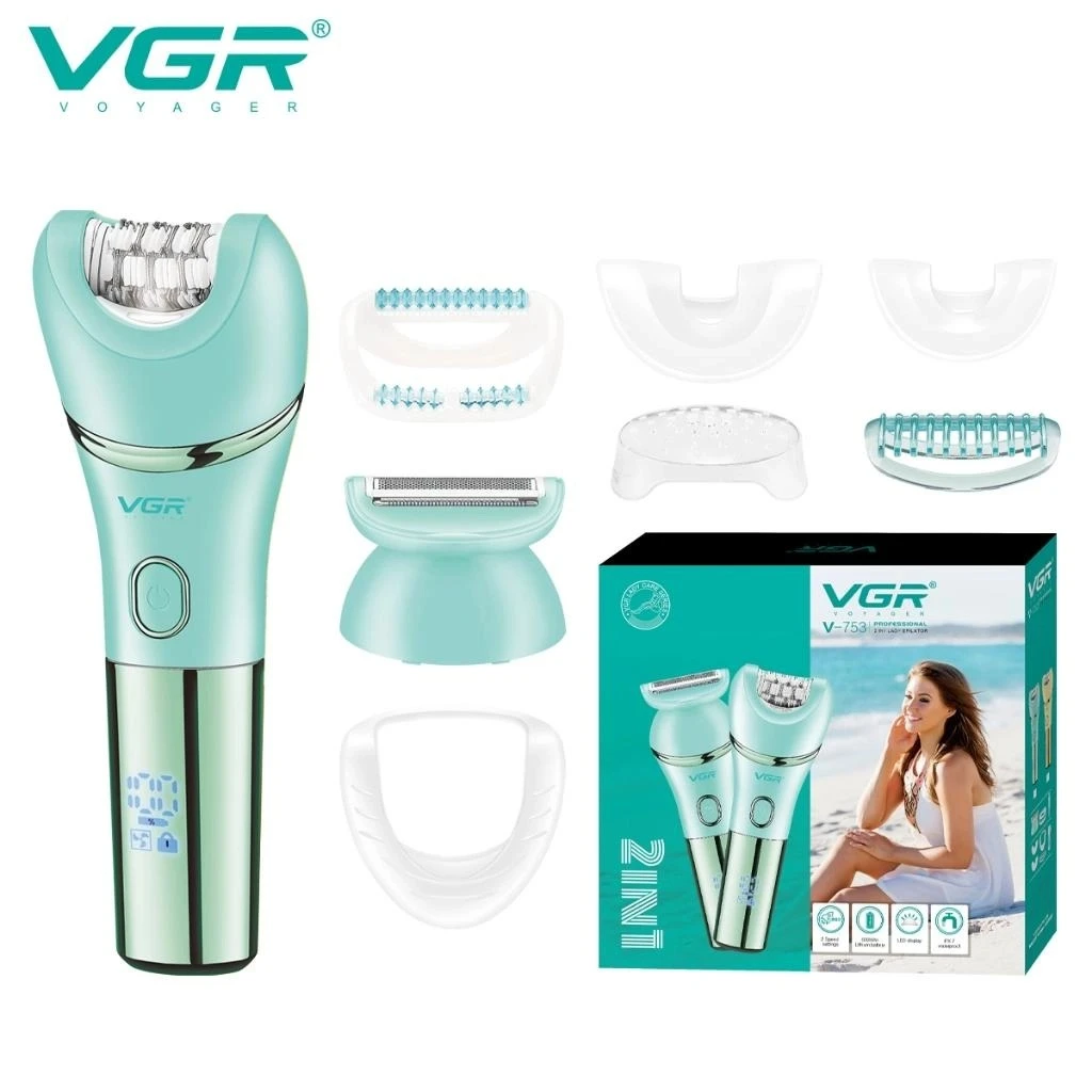 VGR V-753 مزيل شعر الجسم المقاوم للماء للنساء، ماكينة حلاقة، شعر الساق والإبط والعانة V753 2 في 1