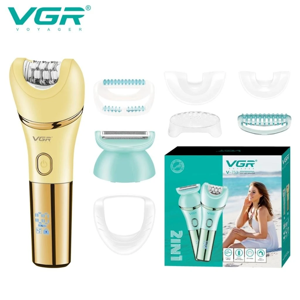 VGR V-753 مزيل شعر الجسم المقاوم للماء للنساء، ماكينة حلاقة، شعر الساق والإبط والعانة V753 2 في 1
