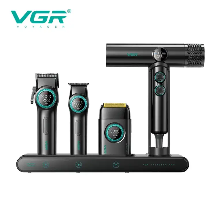 مجموعة أدوات الحلاقة VGR Mr. SUPER POWER Stepless Pro 4 في 1 للصالون، لون أسود