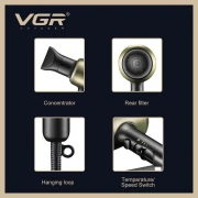 مجفف شعر Vgr V-453، ١٨٠٠ واط، سرعتان - أسود