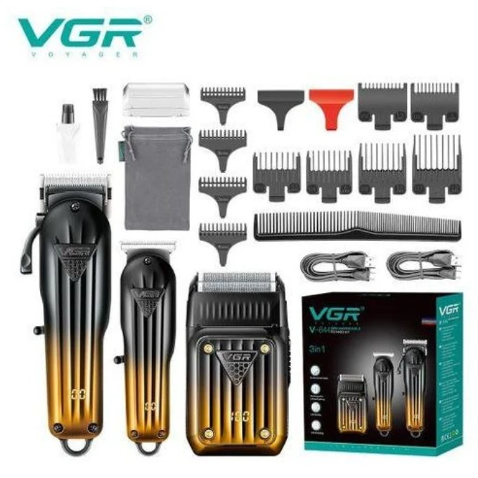 مجموعة أدوات حلاقة الشعر 3 فى 1 في جي ار Professional Combo Kit قابلة للشحن للاستعمال الرطب والجاف، ذهبي واسود - V-644