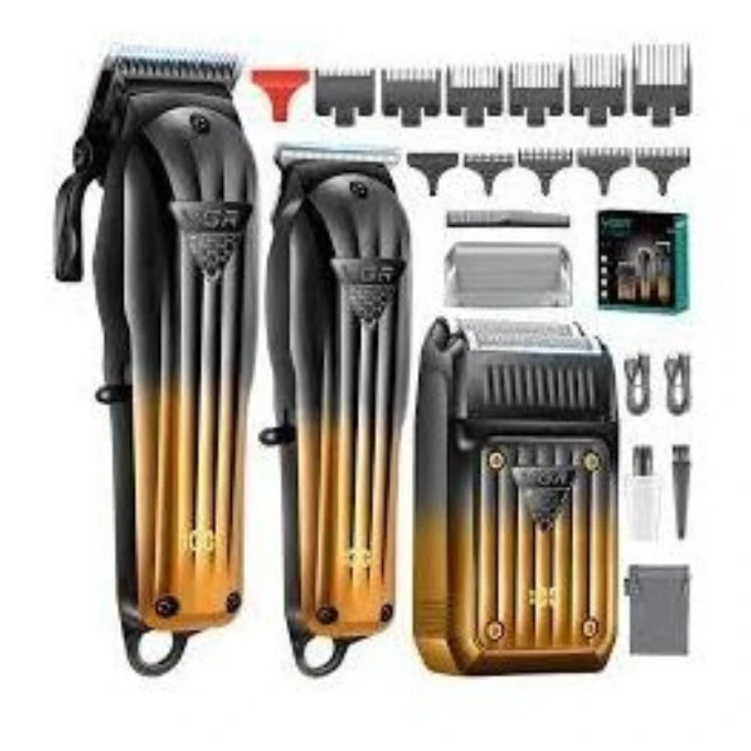 مجموعة أدوات حلاقة الشعر 3 فى 1 في جي ار Professional Combo Kit قابلة للشحن للاستعمال الرطب والجاف، ذهبي واسود - V-644