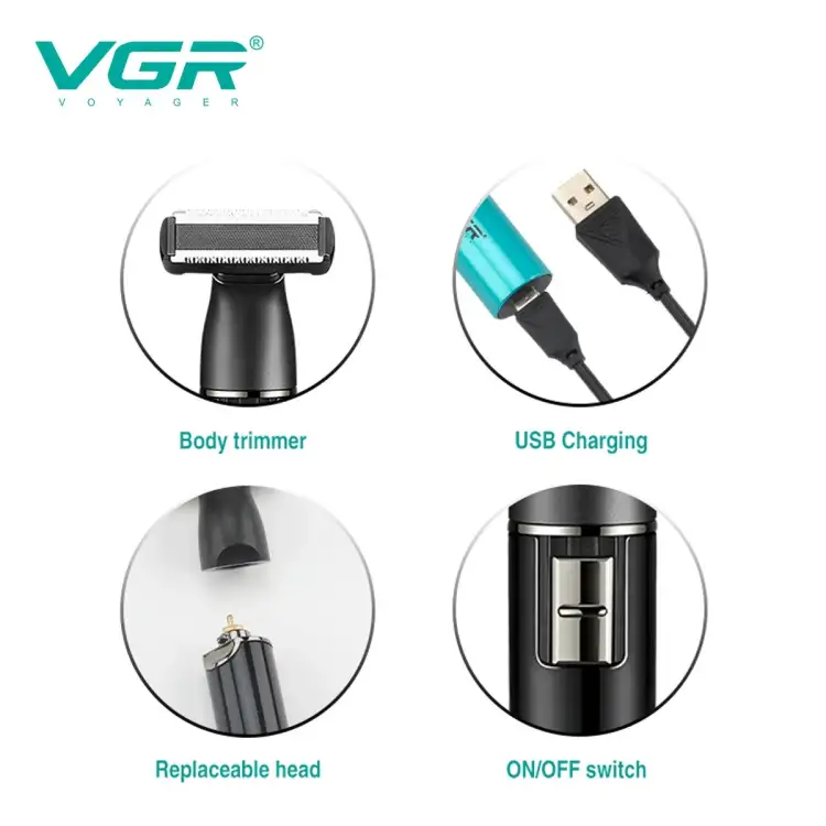 مجموعة تشذيب الشعر الجديدة VGR V-628 متعددة الوظائف لقص شعر الجسم بالكامل مع شحن USB وشعر الأذن والأنف ومنطقة البكيني الخاصة 3 في 1