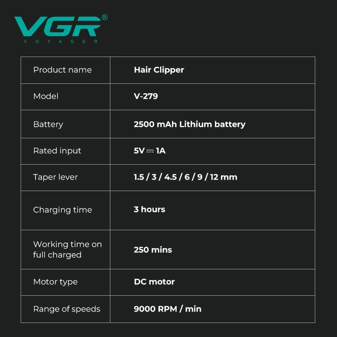 ماكينة قص الشعر VGR الاحترافية 9000 دورة في الدقيقة، ماكينة حلاقة لاسلكية، ماكينة قص الشعر المعدنية للرجال V-279