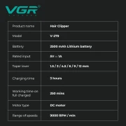 ماكينة قص الشعر VGR الاحترافية 9000 دورة في الدقيقة، ماكينة حلاقة لاسلكية، ماكينة قص الشعر المعدنية للرجال V-279