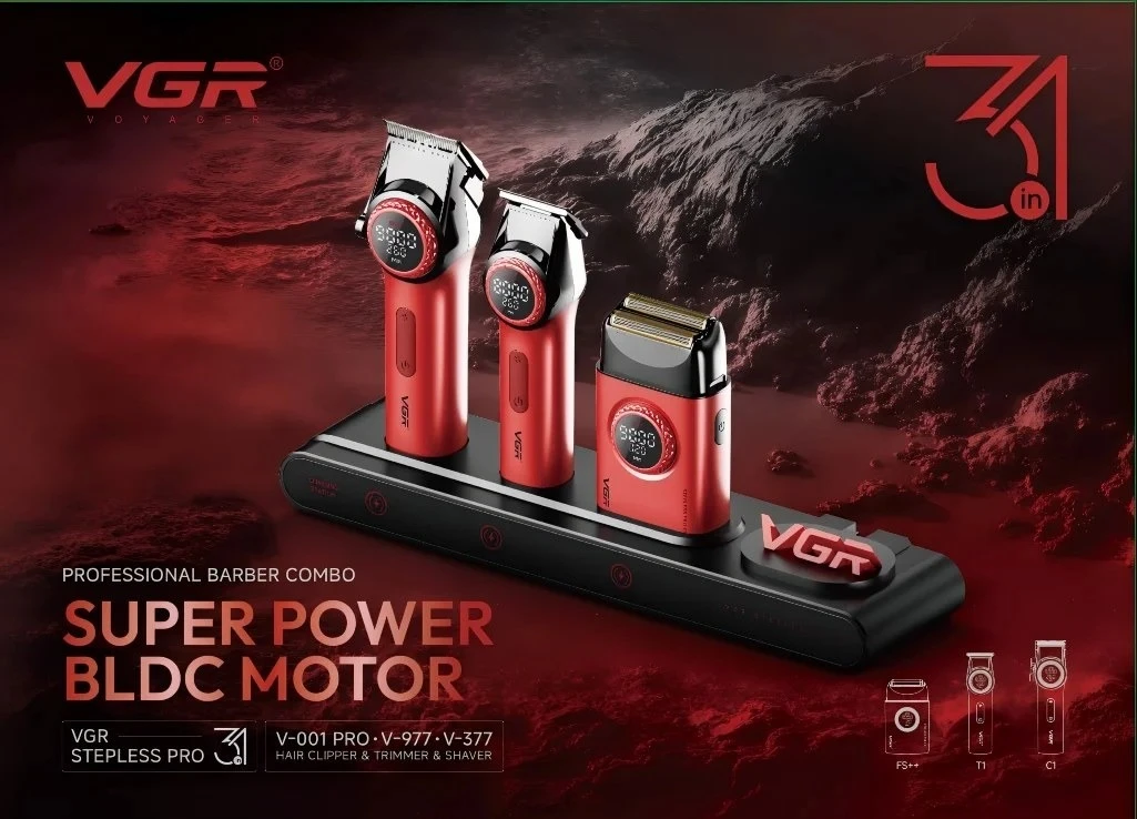 مجموعة قص الشعر الاحترافية 3  في 1  VGR V-STEPLESS Pro - لون احمر