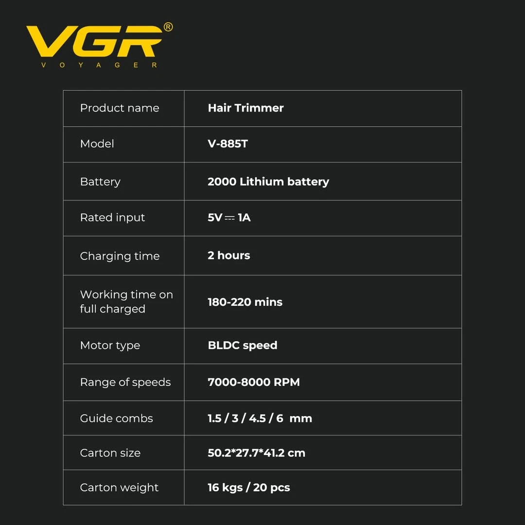 ماكينه حلاقة الشعر الاحترافيه VGR قابلة للشحن المهنية 8000  دورة في الدقيقة V-885 T